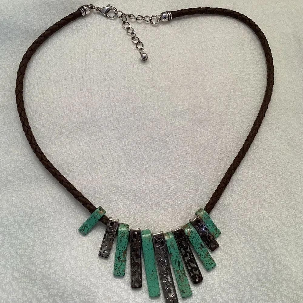 Adjustable Brown Braided Cord with Silver and Turquoise Metal Accents